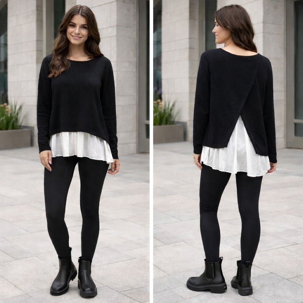 Fever‎ Black Peated Chiffon Hem Sweater L Minimalist Lagen Artsy